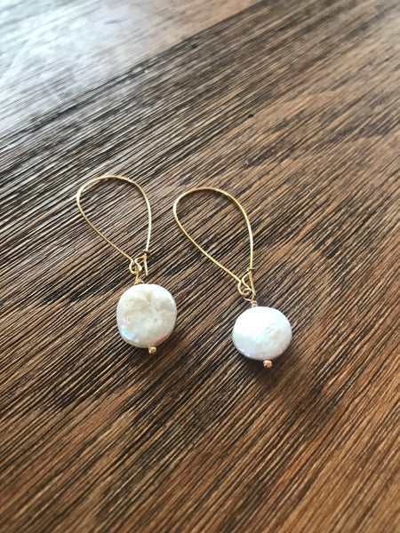 Gold Coin Pearl Loop Drop Earrings