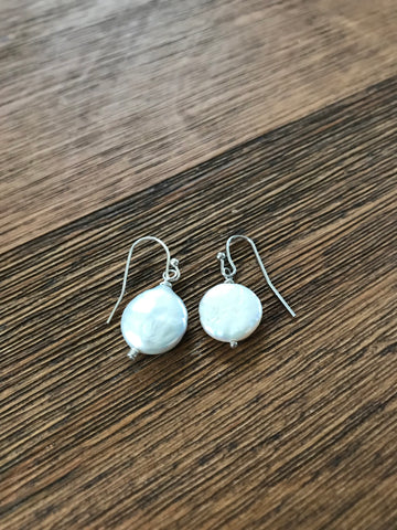 Silver Coin Pearl Drop Earrings